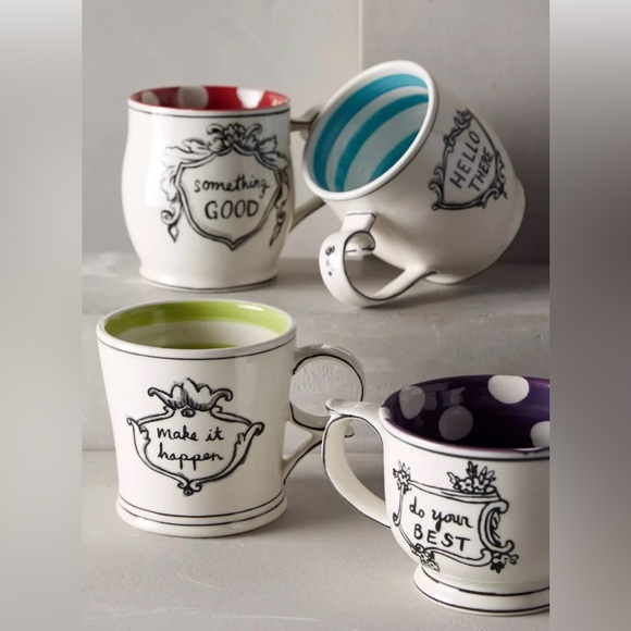 Anthropologie MOLLY HATCH Complete Mug Set Of 4 CROWNED LEAF Stripes Dot
